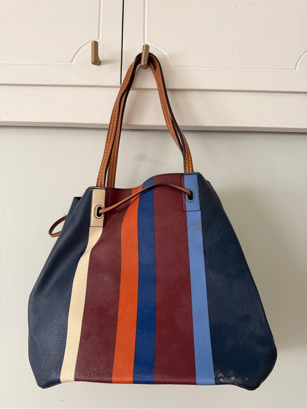 Tory Burch Navy Blue Multi-Stripe Leather Tote - Picture 3 of 5